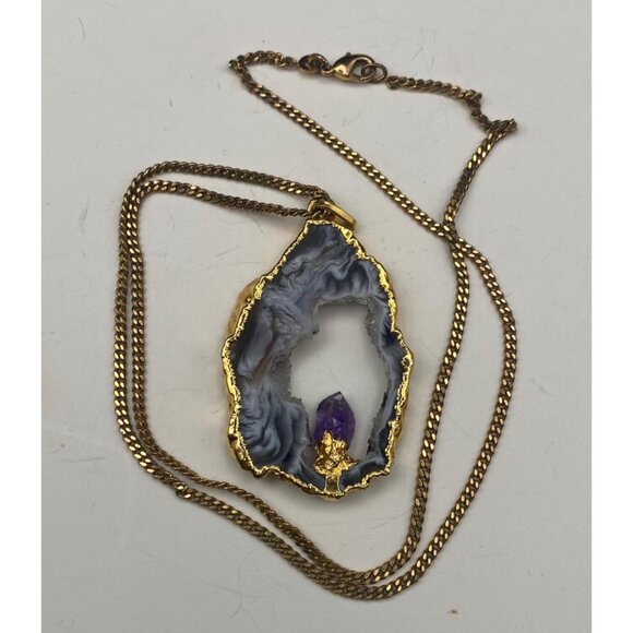 Amethyst Agate Geode Drusy Pendant Necklace Nickel Free Gold Tone 24" Chain - Picture 3 of 6
